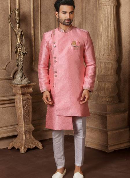 Pink Colour Jacquard Silk Digital Print Wedding Wear Indo Western Mens Collection 9235